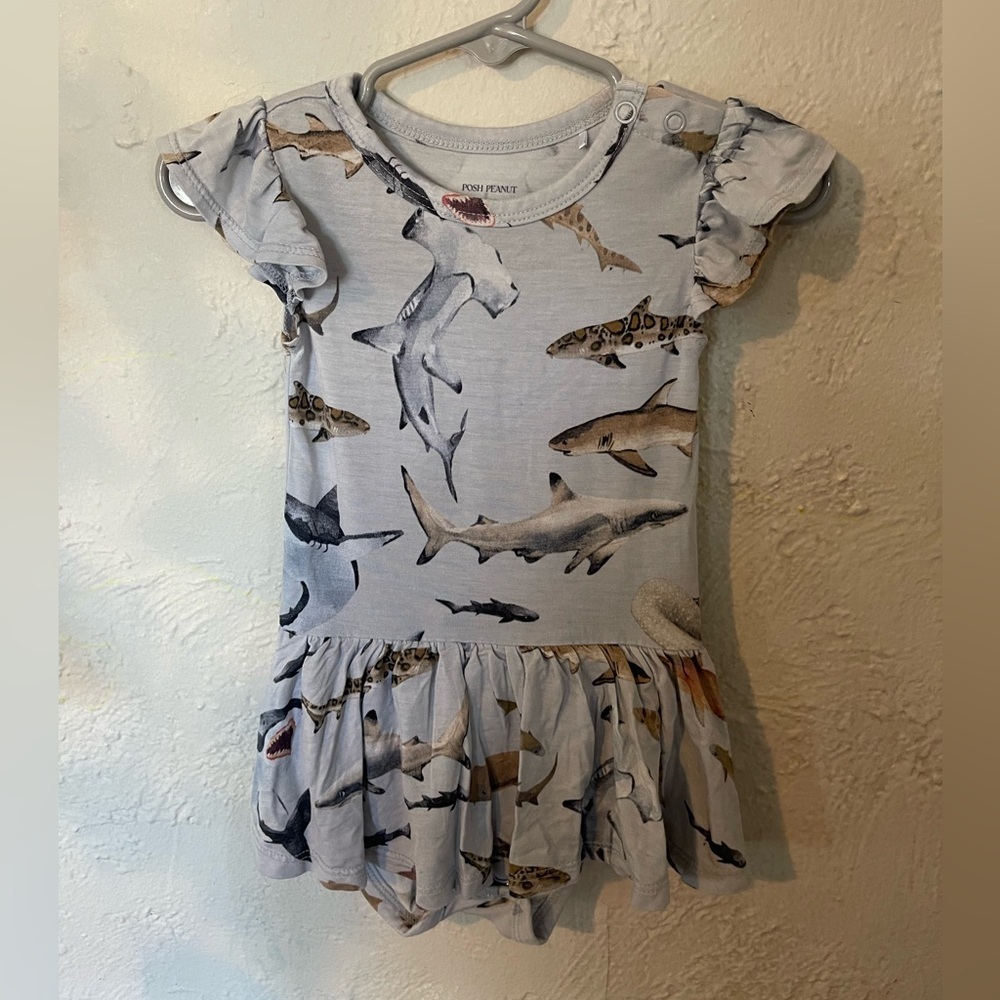 Posh Peanut Maverick Shark Print Ruffled Skirted Bodysuit